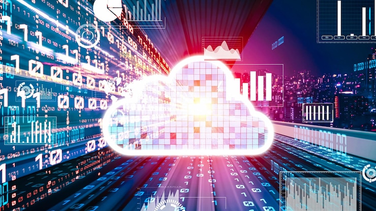 Foto computadora en la nube y almacenamiento de datos en línea con software de intercambio inteligente tácito
