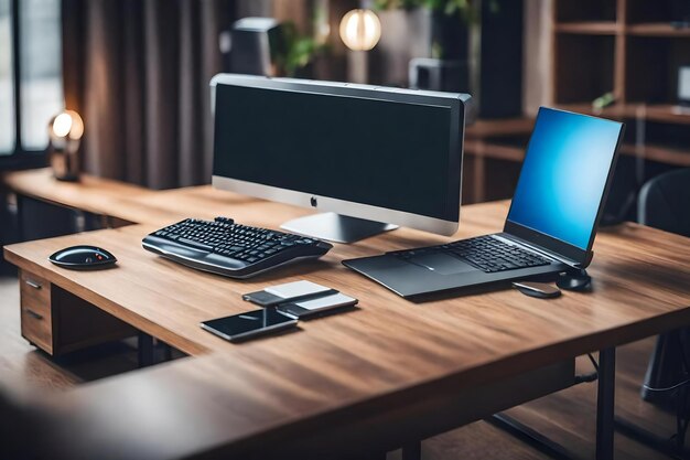 Foto una computadora con una pantalla azul y un teclado negro sobre una mesa de madera