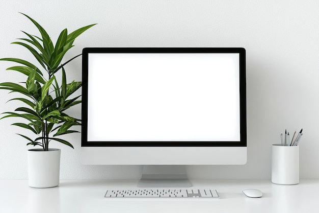 Una computadora con una pantalla blanca en blanco en una maqueta de escritorio de oficina