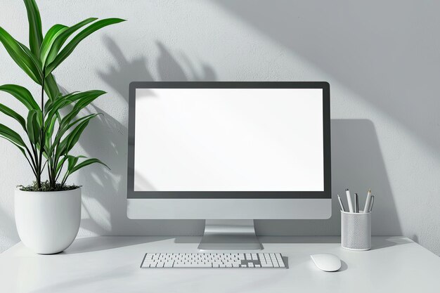 Una computadora con una pantalla blanca en blanco en una maqueta de escritorio de oficina