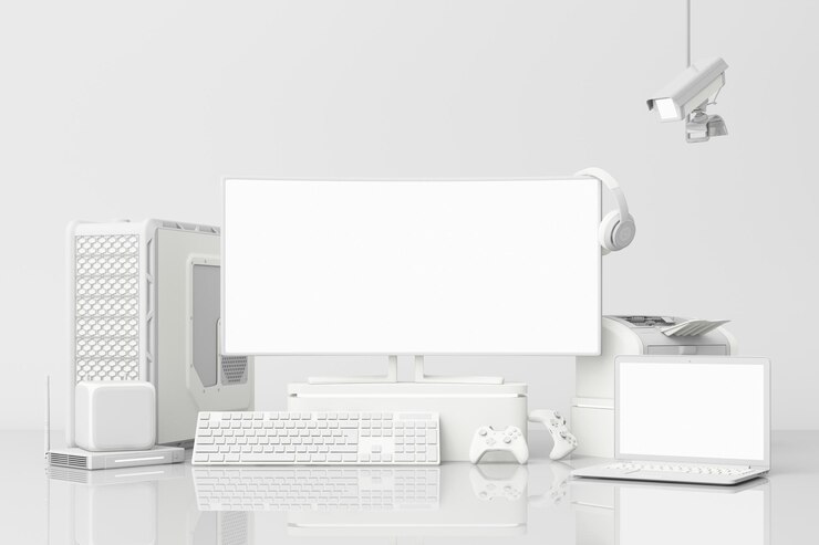 Foto computadora y pantalla blanca con muchos aparatos en la mesa en tono blanco renderización 3d