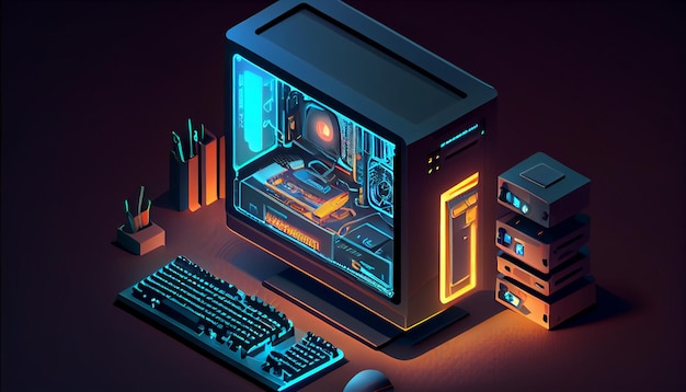 Una computadora con una pantalla iluminada en azul y naranja