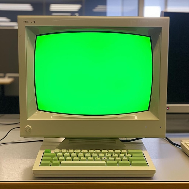 Foto una computadora con una pantalla verde sentada en un escritorio