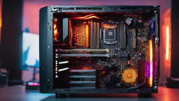 Computadora con placa de circuitos y luces rgb LED internas hardware dentro de escritorio de alto rendimiento abierto