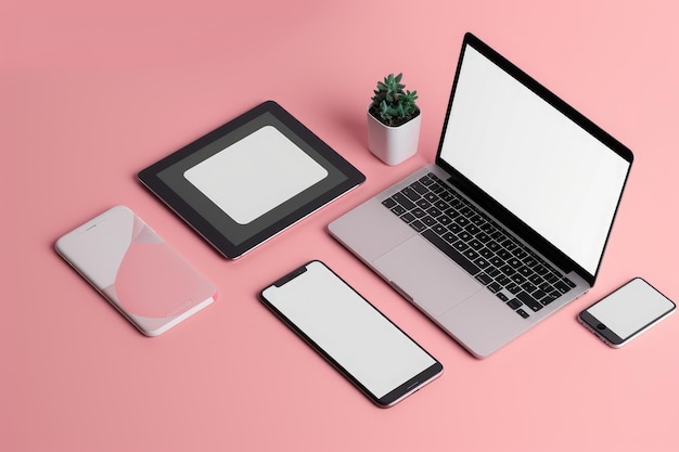 Foto una computadora portátil abierta se coloca en la parte superior de una superficie rosada que muestra su diseño elegante y tecnología moderna.