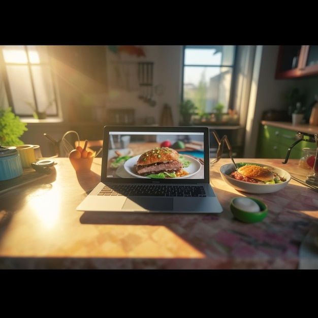 Foto una computadora portátil está abierta a un plato de comida en una mesa.