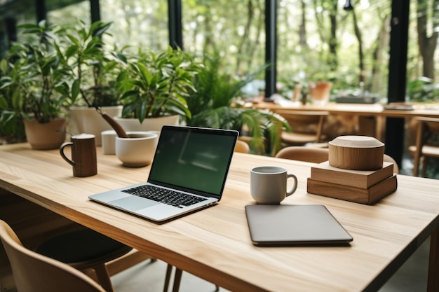 Una computadora portátil abierta se sienta en una mesa de madera en un espacio de trabajo verde exuberante