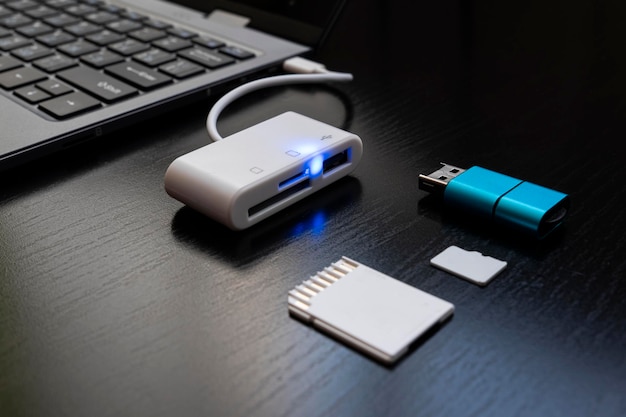 Computadora portátil con adaptador USB TypeC con cables USB enchufados y tarjeta SD El adaptador USB debajo del conector TypeC para computadora portátil Estación multipuerto para computadora portátil con múltiples puertos diferentes Hub Converter