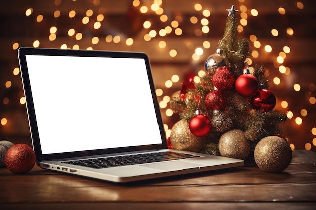 Computadora portátil adornada con encantadores adornos navideños IA generativa