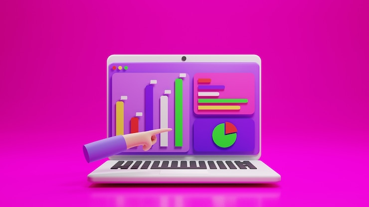 Foto computadora portátil y aplicación analítica con gráfico de iconos y gesto de mano en diseño 3d