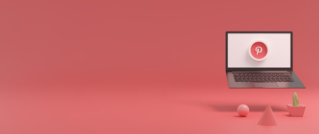 Computadora portátil con la aplicación Pinterest en la pantalla Redes sociales Fondo rosa