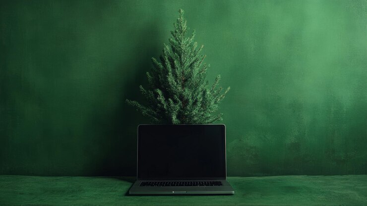 Foto una computadora portátil con un árbol de navidad que brota de la pantalla contra un fondo verde vibrante para las fiestas