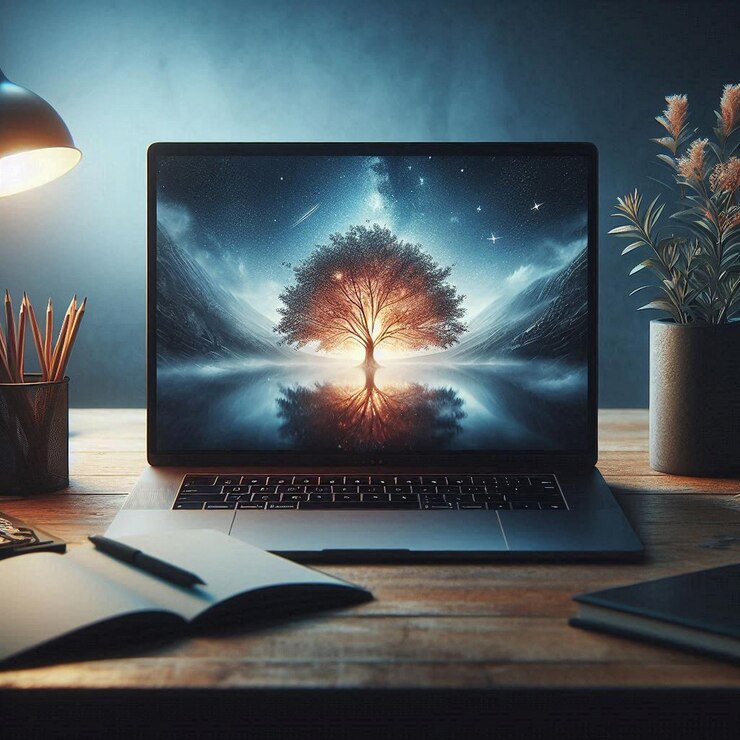 Foto una computadora portátil con un árbol en la pantalla y un libro en la pantalla