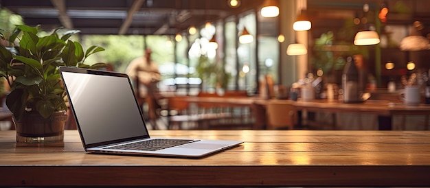 Una computadora portátil y artículos de papelería se ven en una mesa en un espacio de trabajo conjunto en un café con el fondo