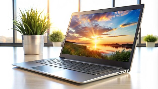 una computadora portátil con un atardecer en la pantalla