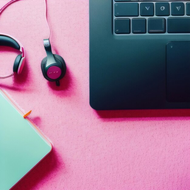 Una computadora portátil y unos auriculares están al lado de una computadora portátil en una superficie rosa.