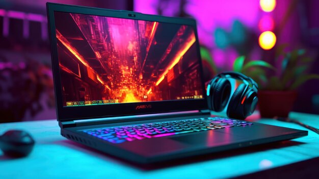 Una computadora portátil con auriculares para juegos en la pantalla