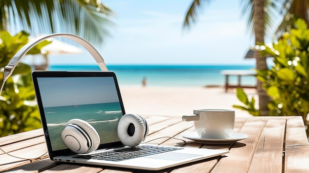 de computadora portátil y auriculares en la oficina virtual de una playa serena