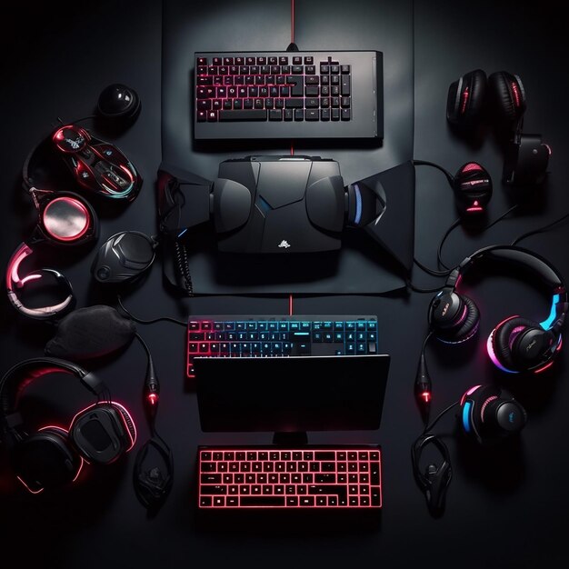 Una computadora portátil, auriculares y un teclado están sobre una mesa.