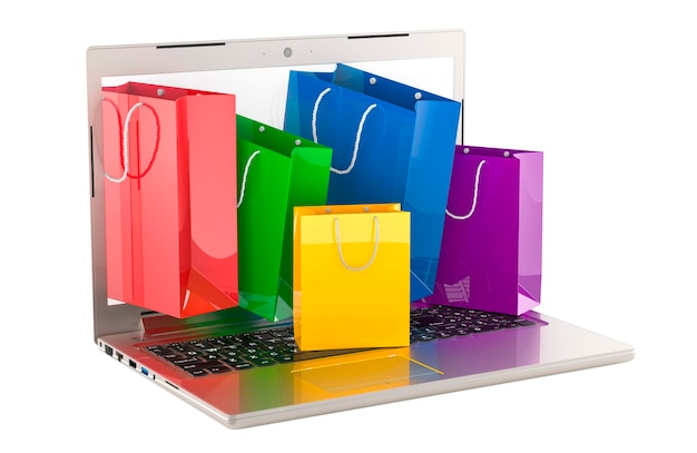 Computadora portátil con bolsas de compras Concepto de compras en línea Rendering en 3D