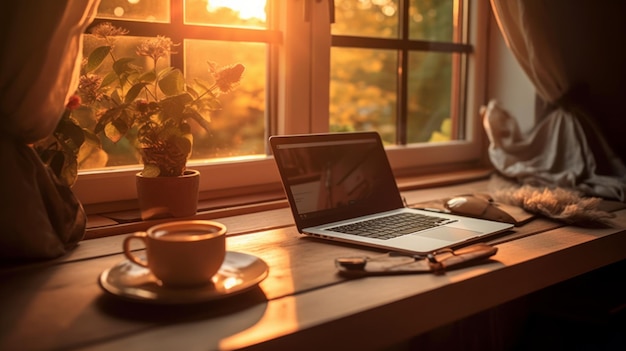 Foto una computadora portátil y café en la mesa ia generativa