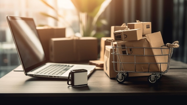 Una computadora portátil y una caja de cartón en un escritorio con una caja sobre la mesa