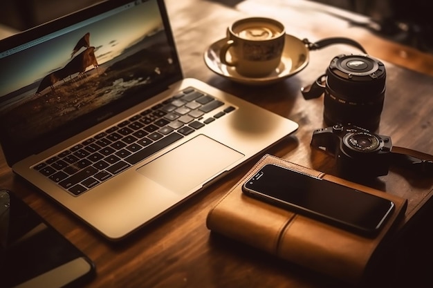 computadora portátil y una cámara en una mesa con una taza de café