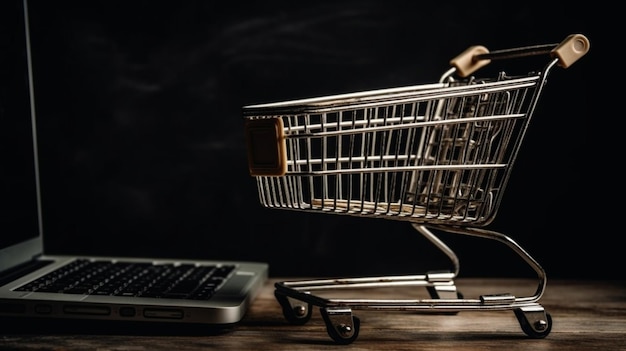 Computadora portátil con carrito de supermercado