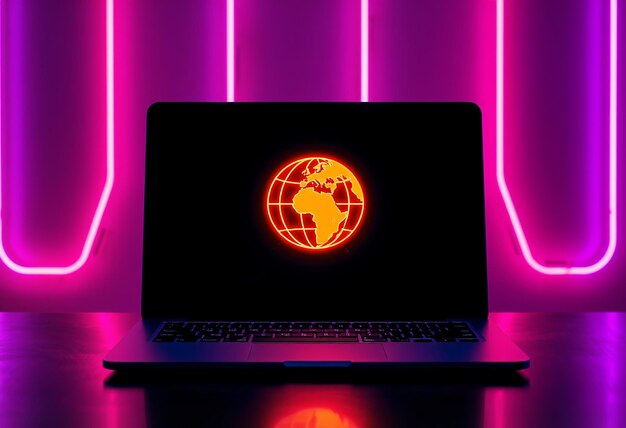 Una computadora portátil colorida con fondo de luz de neón