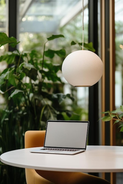 una computadora portátil y una computadora portátil están sobre una mesa con una planta al fondo.