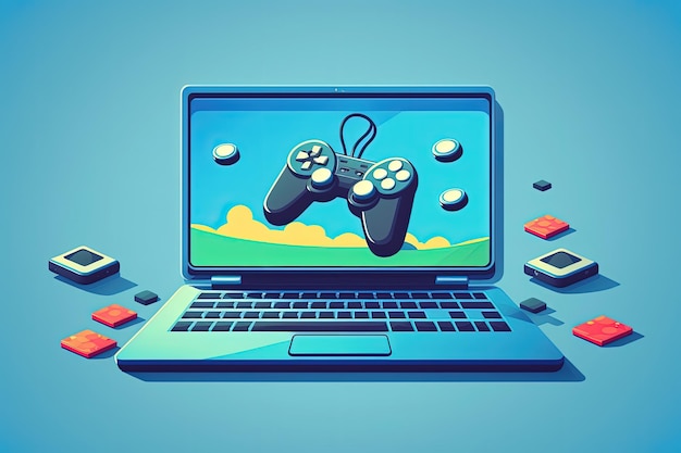 Computadora portátil con controlador de videojuegos en pantalla aislada sobre fondo azul ilustración de diseño plano AI