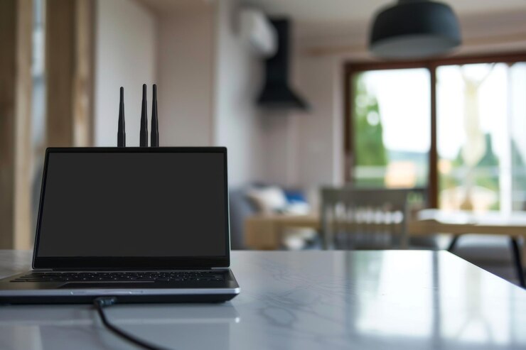 Foto una computadora portátil descansa en una mesa de madera cerca de un enrutador en el piso de madera dura