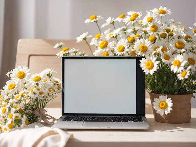 Computadora portátil elegante con pantalla en blanco que libera la creatividad en la mesa
