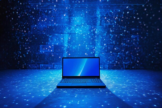 Una computadora portátil en un escenario con un fondo azul con estrellas y un fondo azul.