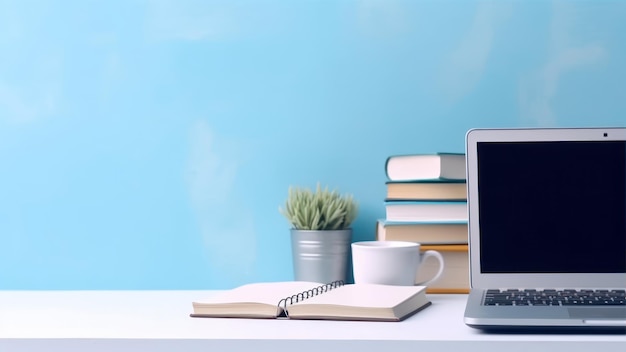 Una computadora portátil en un escritorio con libros sobre la mesa y una pila de libros sobre la mesa.