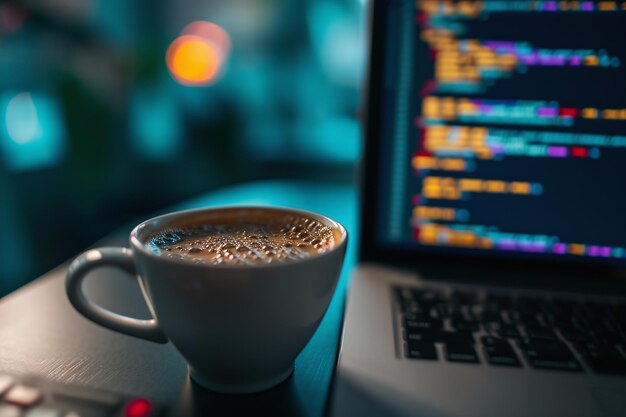 Foto una computadora portátil en un escritorio oscuro y una taza de café trabajando hasta tarde en la noche con horas extras y fechas límite