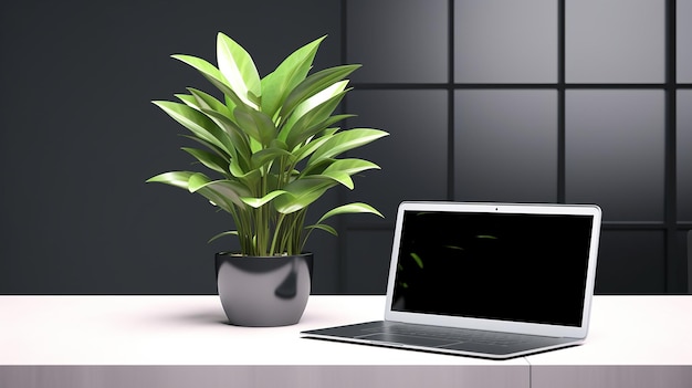 Computadora portátil en el escritorio con planta contra la pared 3D