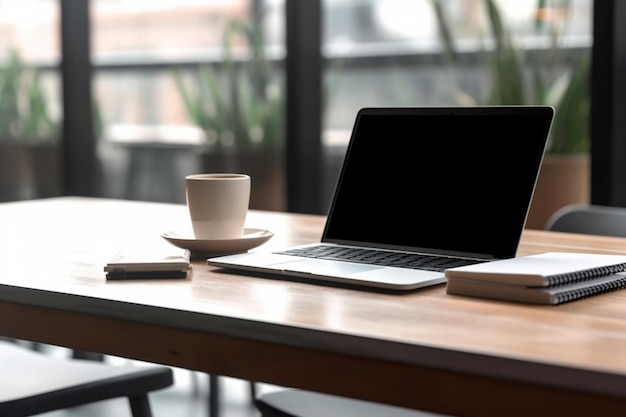 Una computadora portátil en un escritorio con una taza de café y un libro.