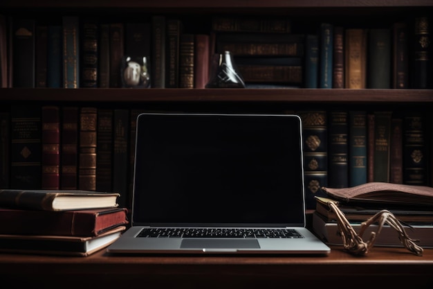 Computadora portátil con espacio de copia en la mesa con libros en la biblioteca creados con tecnología de IA generativa