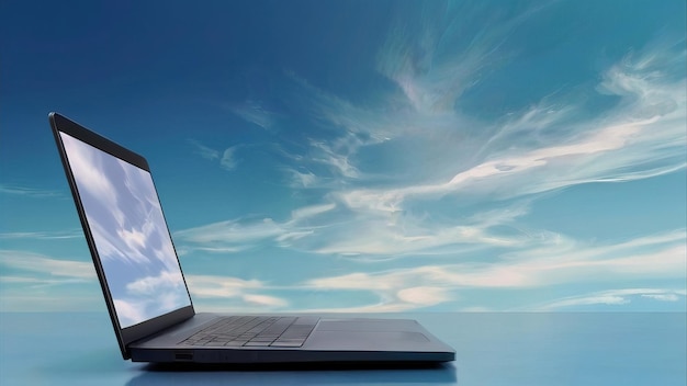 una computadora portátil está abierta y tiene una imagen de un cielo y nubes en el fondo