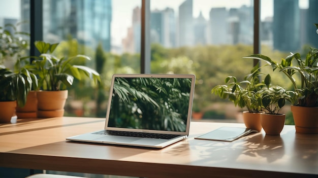 La computadora portátil está sobre la mesa con el telón de fondo de la naturaleza y las plantas verdes generadas por IA