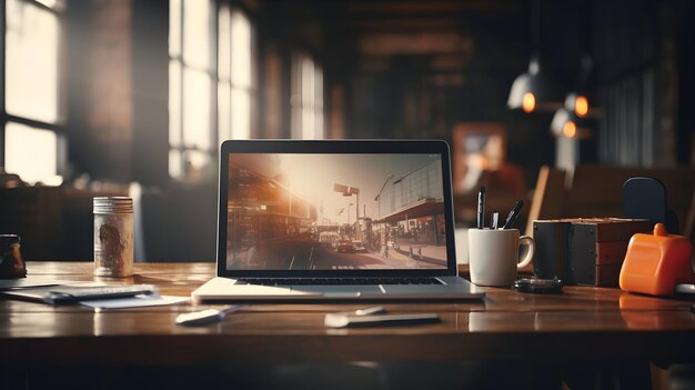 Computadora portátil de estación de trabajo contemporánea y pantalla en blanco