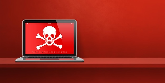 Computadora portátil en un estante con un símbolo pirata en la pantalla Concepto de piratería