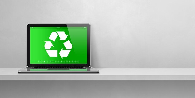 Computadora portátil en un estante con un símbolo de reciclaje en el concepto de conservación ambiental de la pantalla