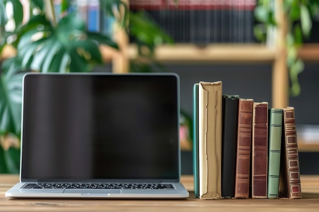 Una computadora portátil y una fila de libros descansan en un escritorio de madera que simboliza la educación y el aprendizaje contemporáneos.