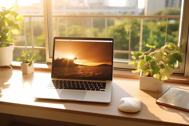 Una computadora portátil con un fondo de puesta de sol