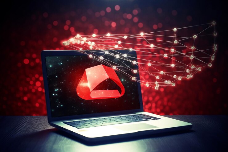 Foto una computadora portátil con un fondo rojo y una página web en la pantalla