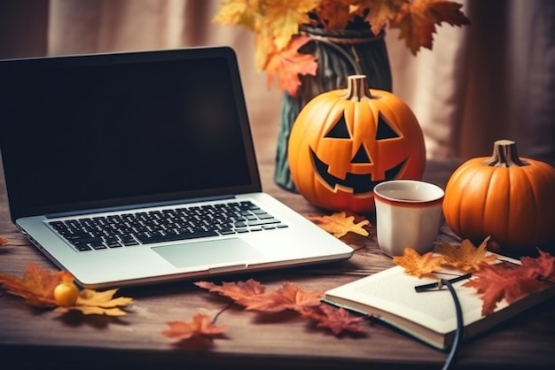 Computadora portátil en el fondo de la tabla de decoraciones de halloween feliz