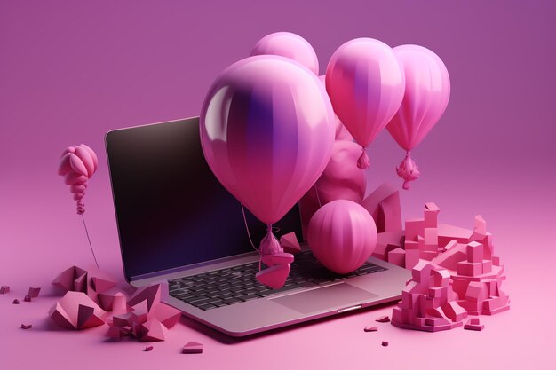 Una computadora portátil con globos y una bolsa rosa.