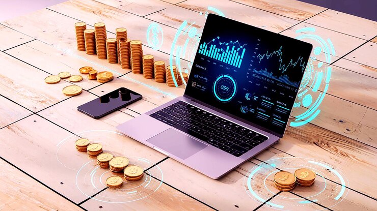 una computadora portátil con un gráfico de monedas de oro en ella y un gráfico en la pantalla